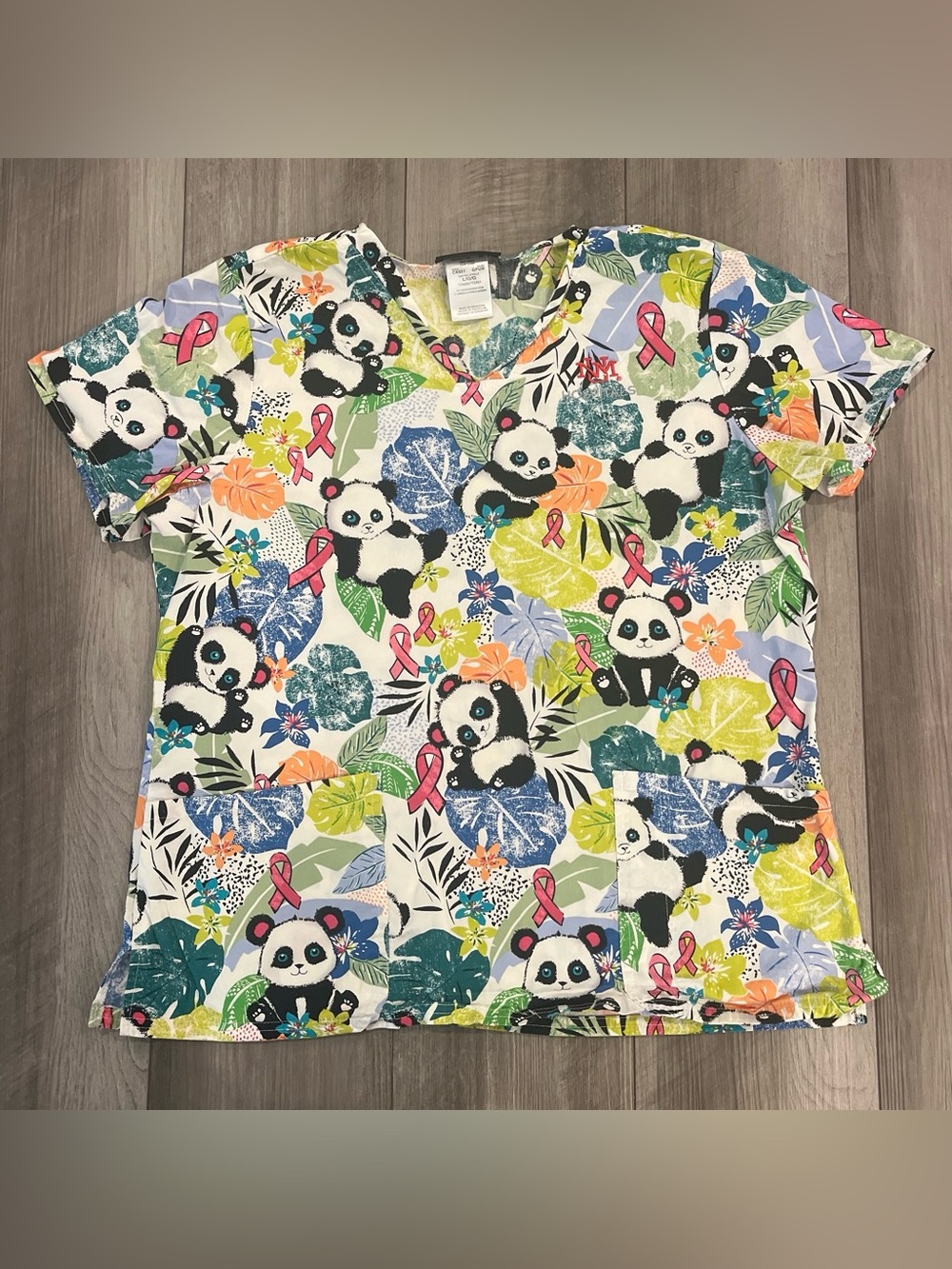 Cherokee White Scrub Top with Panda & Multicolor Floral Print with Pink Ribbons
